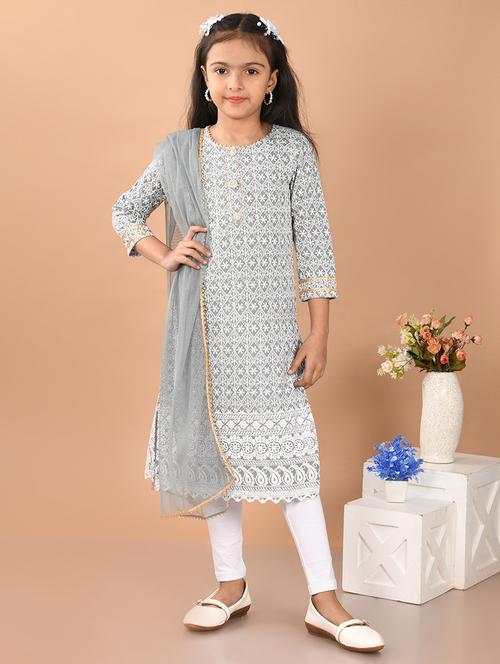 girls embroidered round neck kurta and dupatta set - 21948189 -  Standard Image - 0