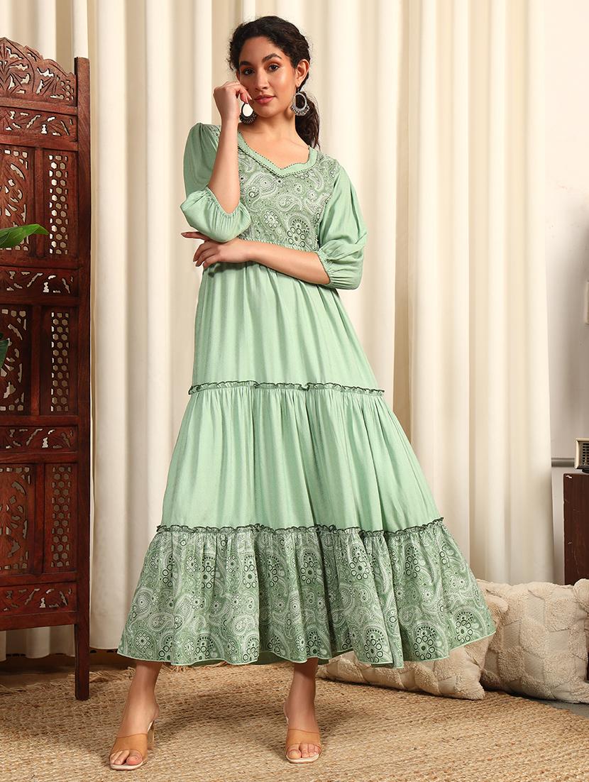 women three quarter sleeve tiered ethnic dress