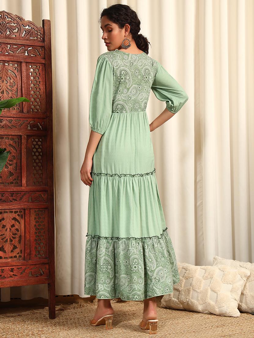 women three quarter sleeve tiered ethnic dress - 21948221 - Standard Image - 3