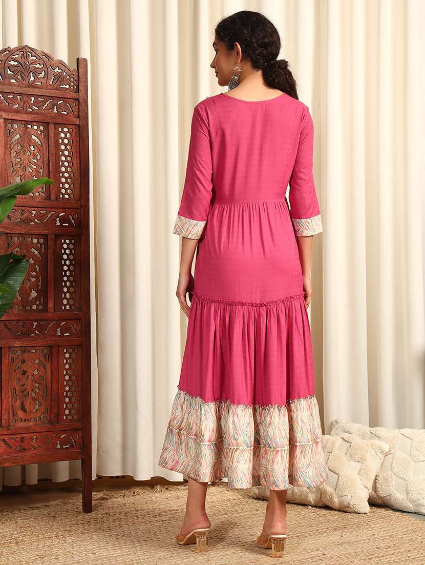Women Three Quarter Sleeve Tiered Ethnic Dress