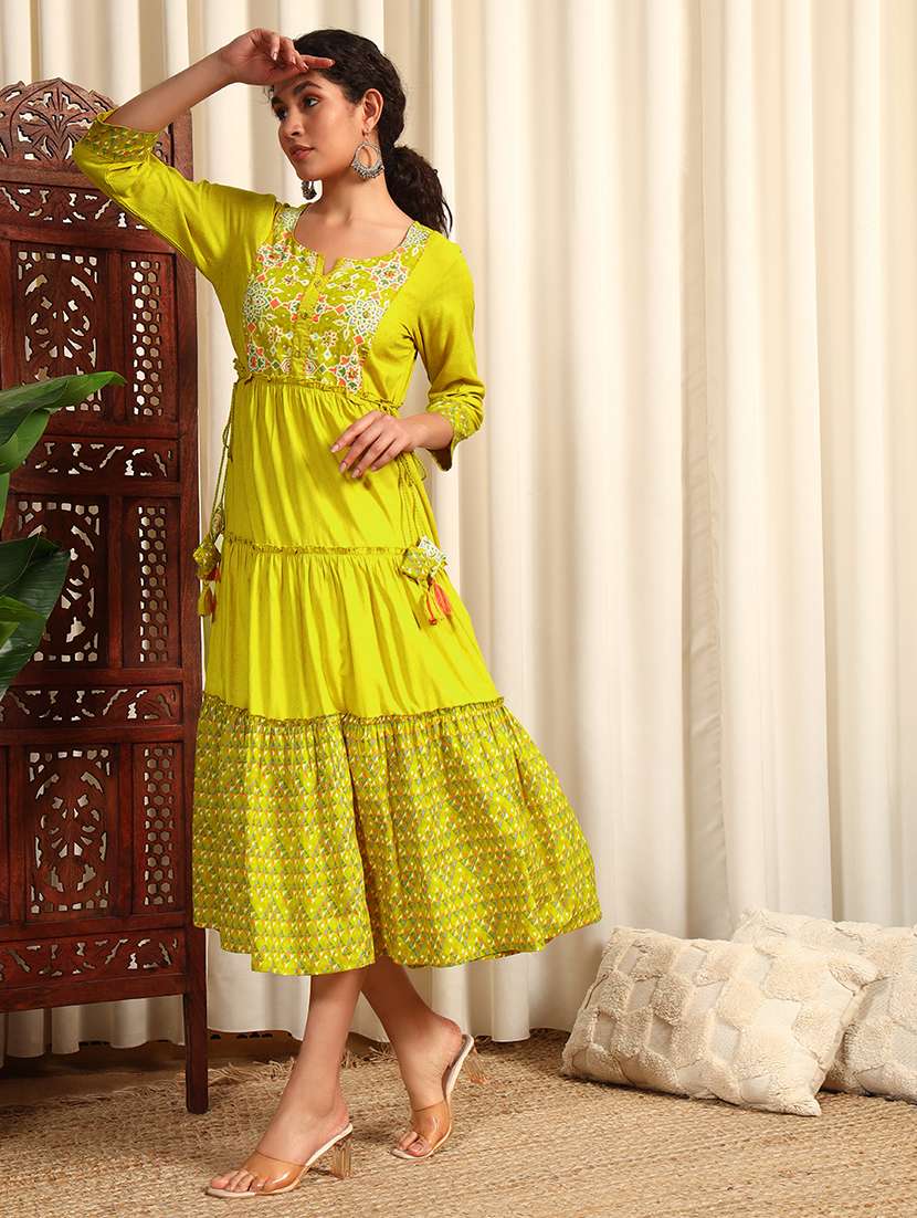 Women Three Quarter Sleeve Tiered Ethnic Dress