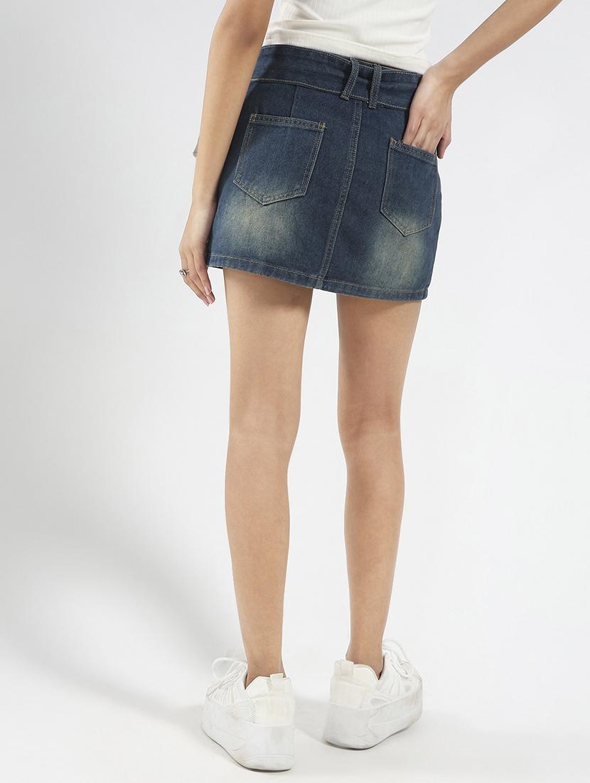 women blue solid high rise a-line skirt - 21948309 - Standard Image - 3
