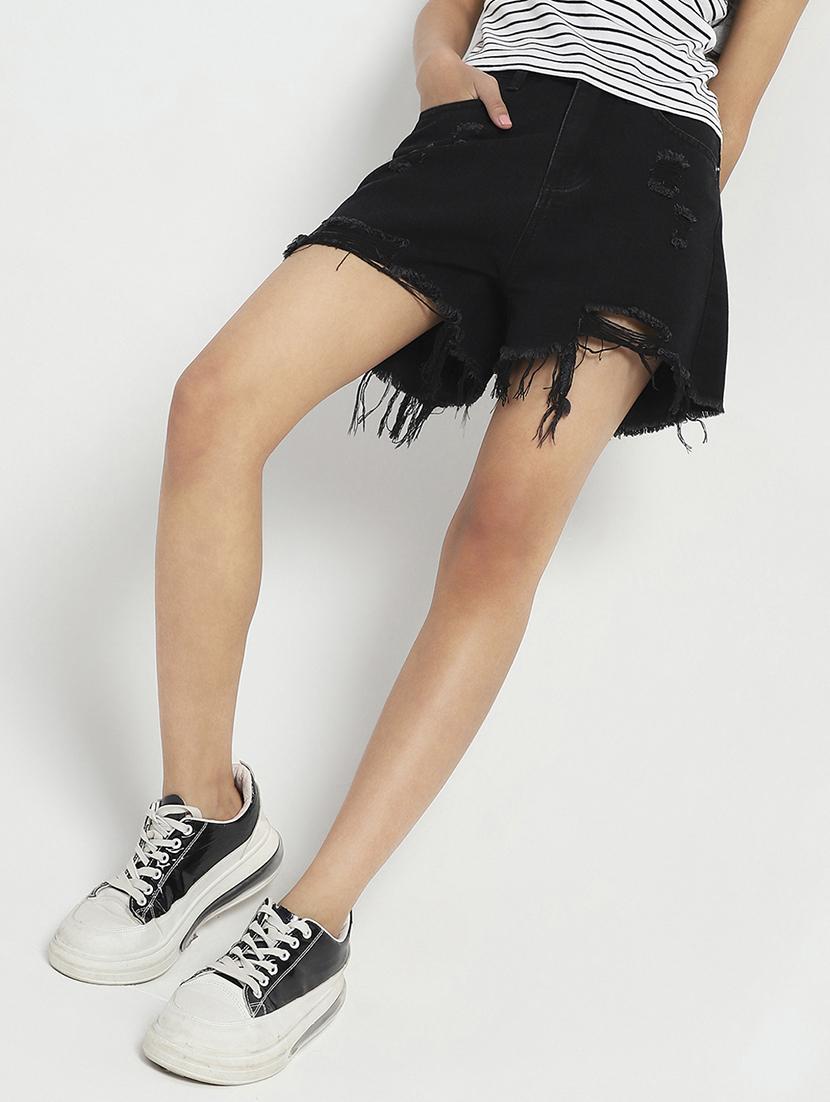 women black distress high rise shorts - 21948310 -  Zoom Image - 0