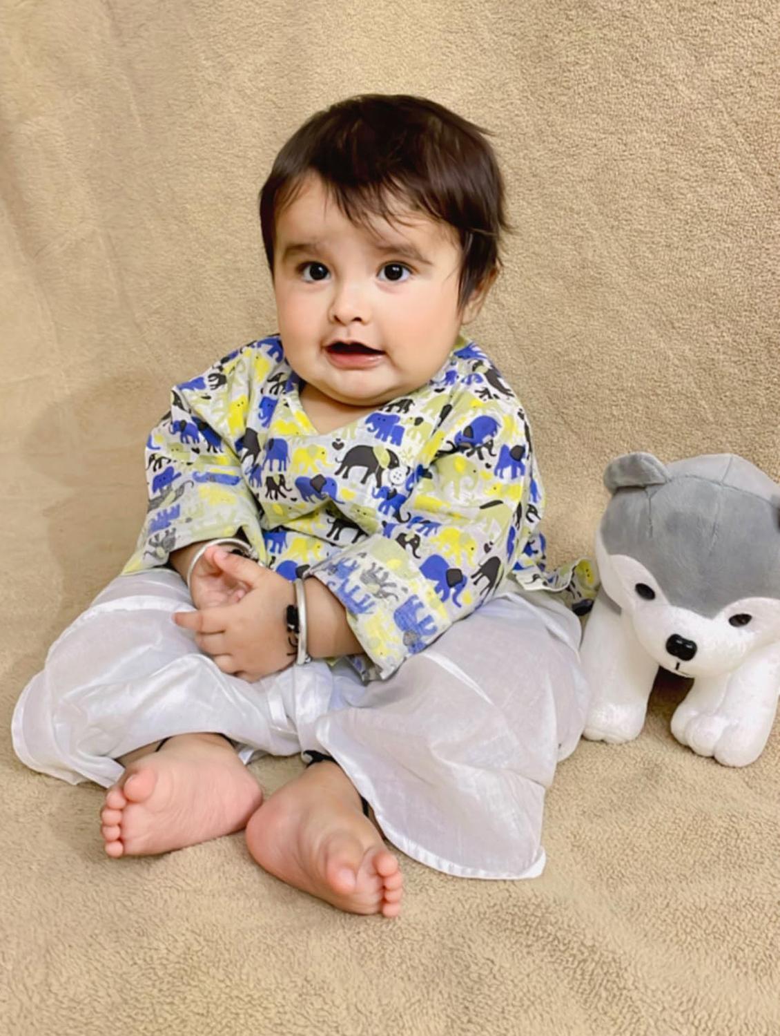 kids printed long sleeve dhoti kurta set