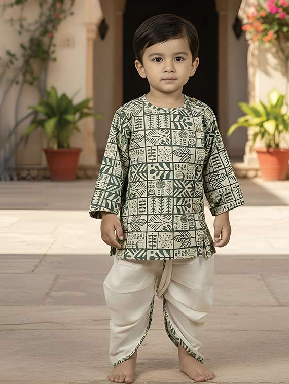 kids printed long sleeve dhoti kurta set