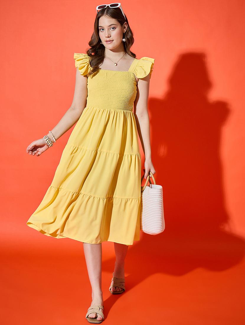 women solid ruffle sleeve calf length tiered dress - 21948419 - Zoom Image - 0