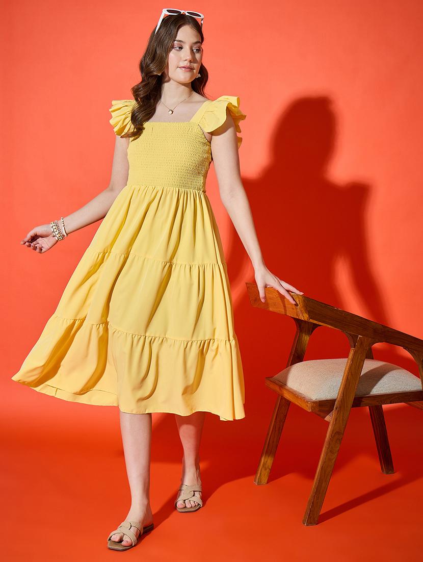 women solid ruffle sleeve calf length tiered dress - 21948419 - Standard Image - 5