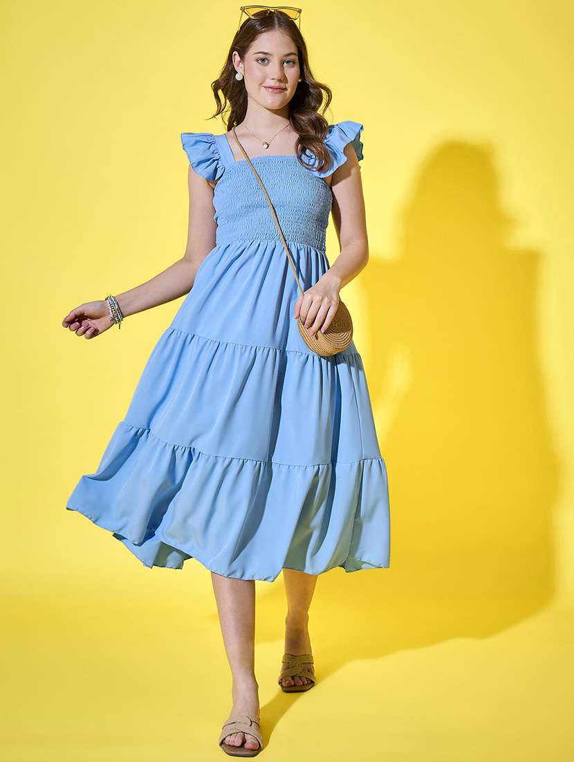 women solid ruffle sleeve calf length tiered dress - 21948420 - Zoom Image - 0