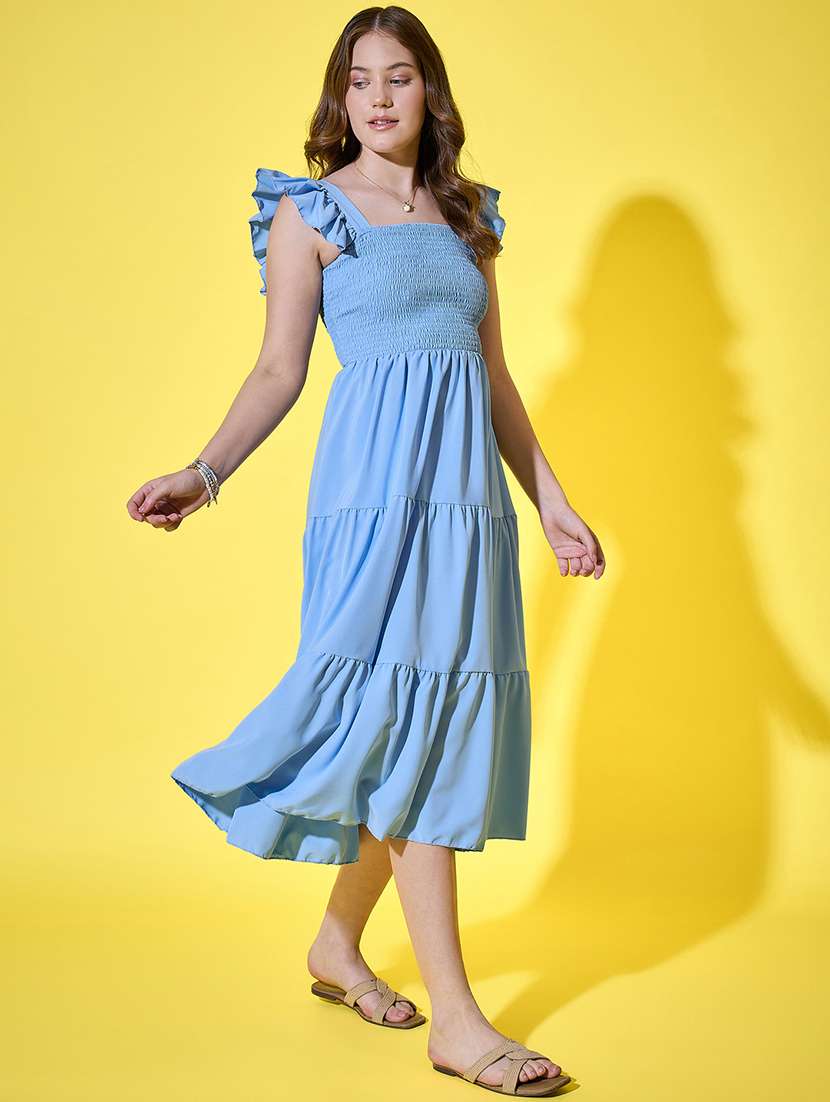 women solid ruffle sleeve calf length tiered dress - 21948420 - Standard Image - 3