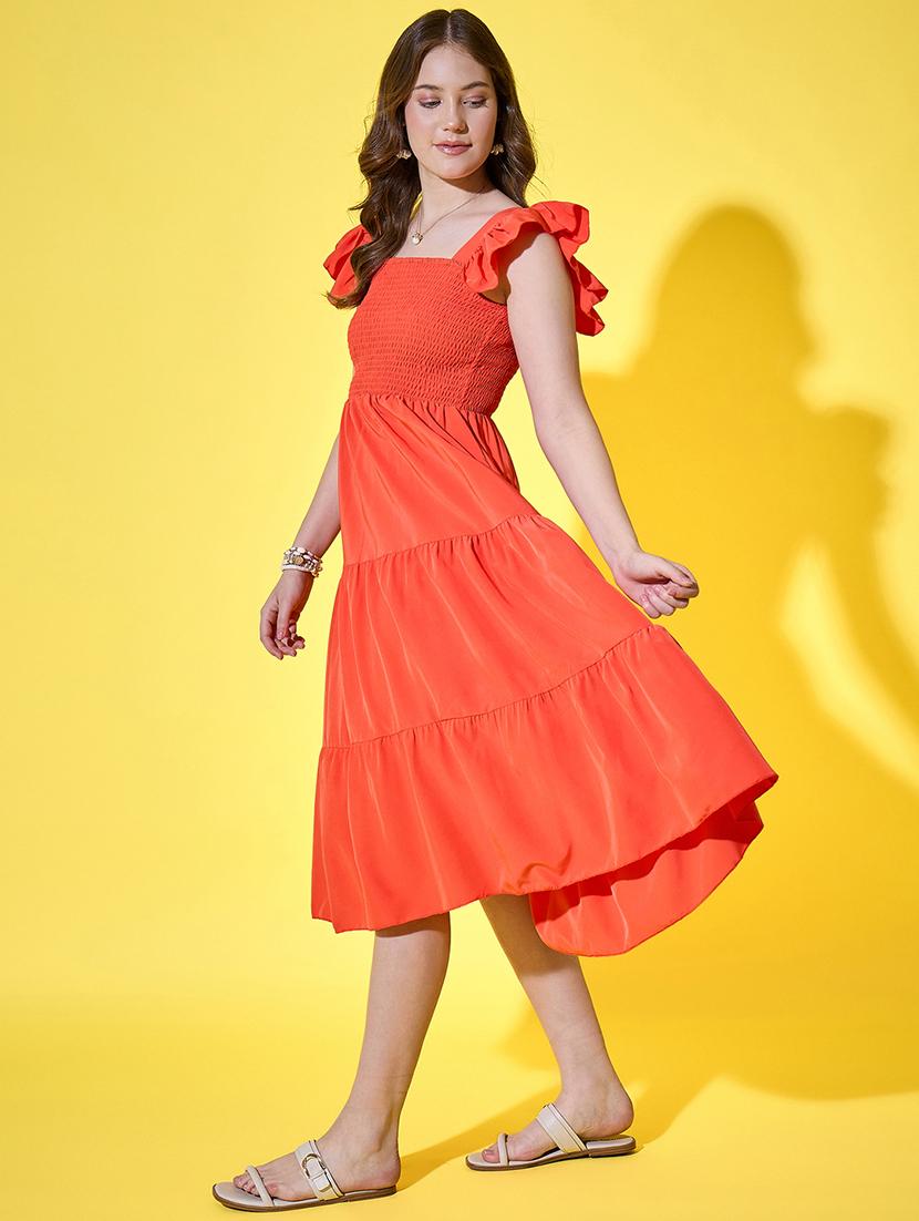 women solid ruffle sleeve calf length tiered dress - 21948421 - Standard Image - 3
