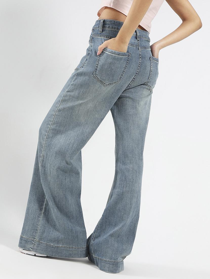women blue solid high rise wide leg jeans - 21948449 - Standard Image - 3