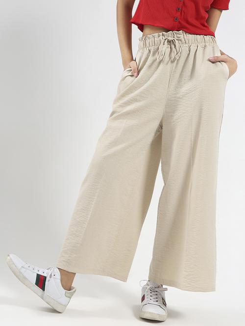 women beige solid high rise wide leg trouser - 21948461 - Standard Image - 0
