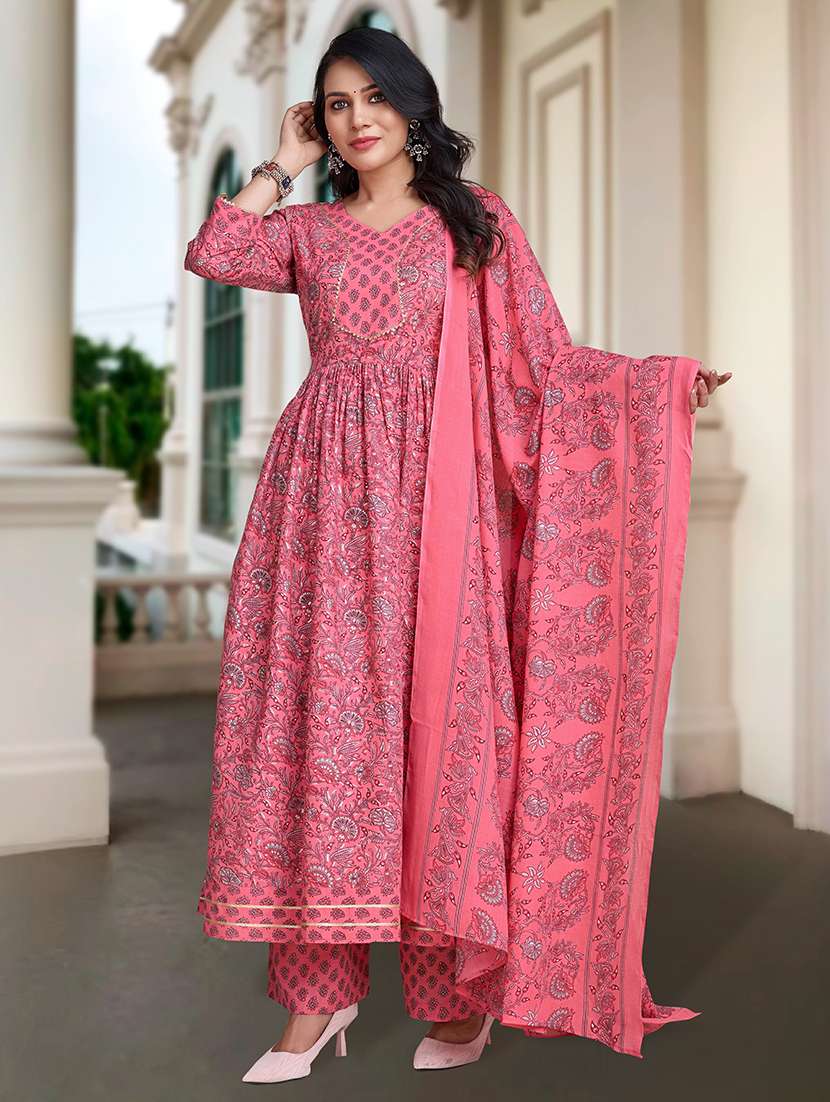 women three quarter sleeve anarkali kurta palazzo with dupatta set - 21948528 -  Standard Image - 3