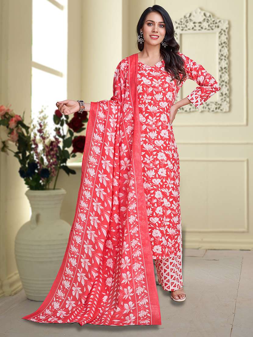 women three quarter sleeve kurta palazzo with dupatta set