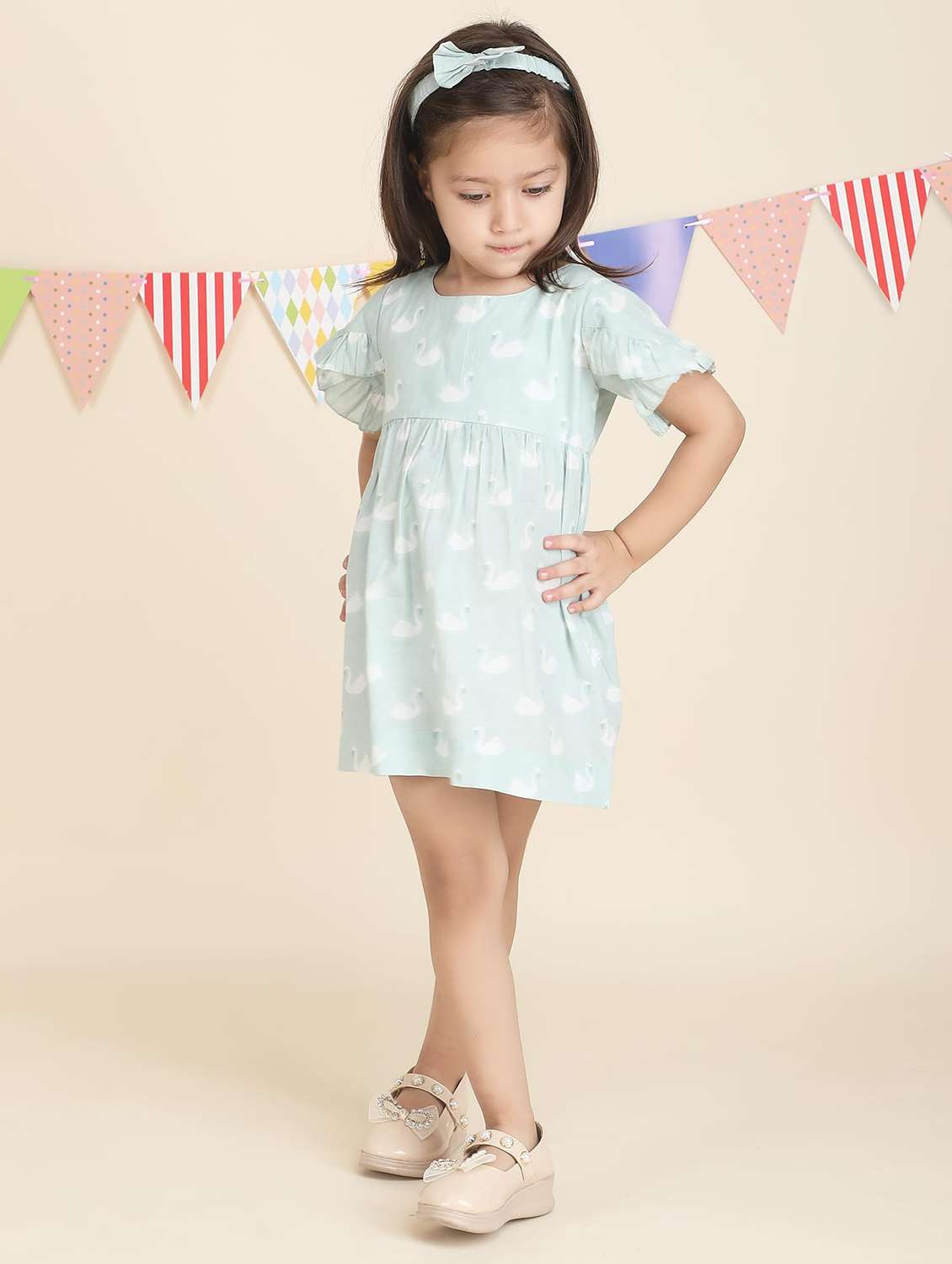 Kids Neo Mint Printed Round Neck Frock