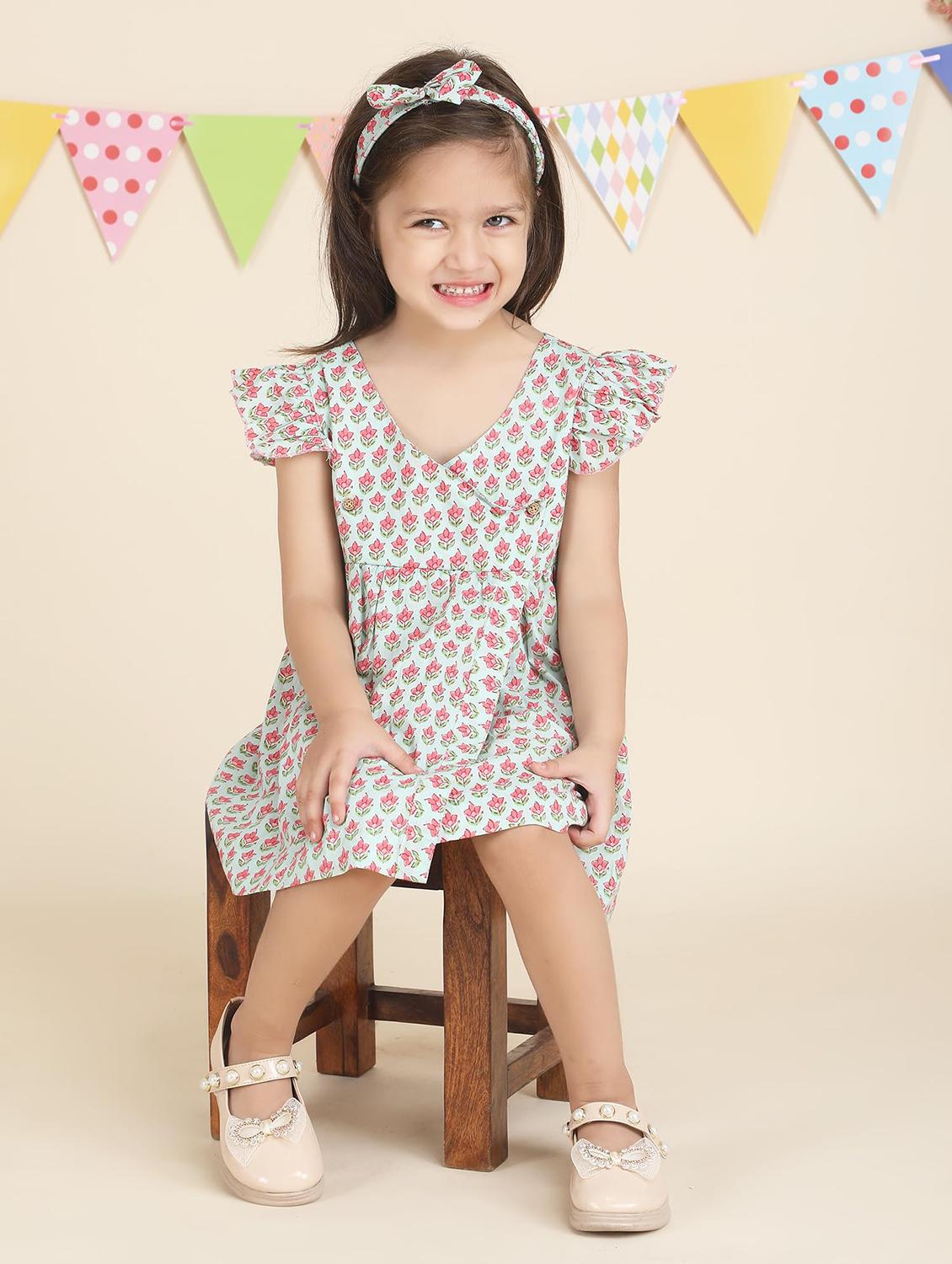 kids white floral printed overlap neck frock - 21948616 - Standard Image - 3
