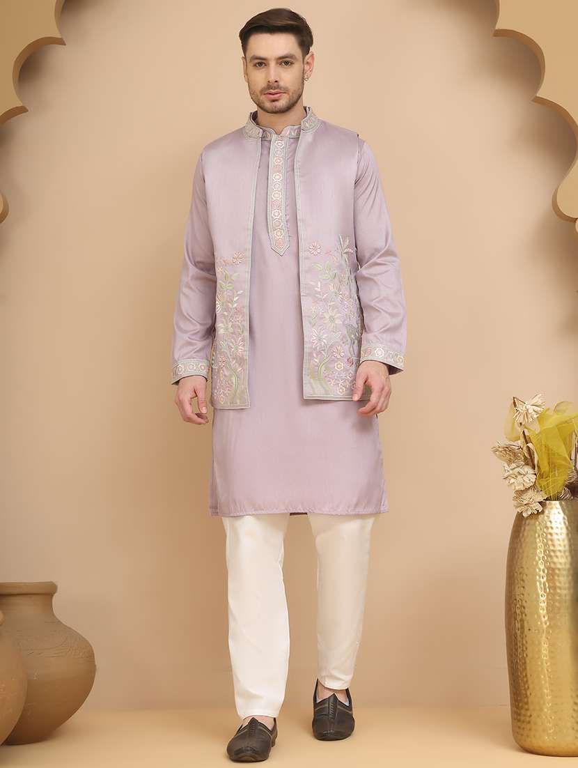 purple cotton blend kurta pyjama with jacket ethnic wear set