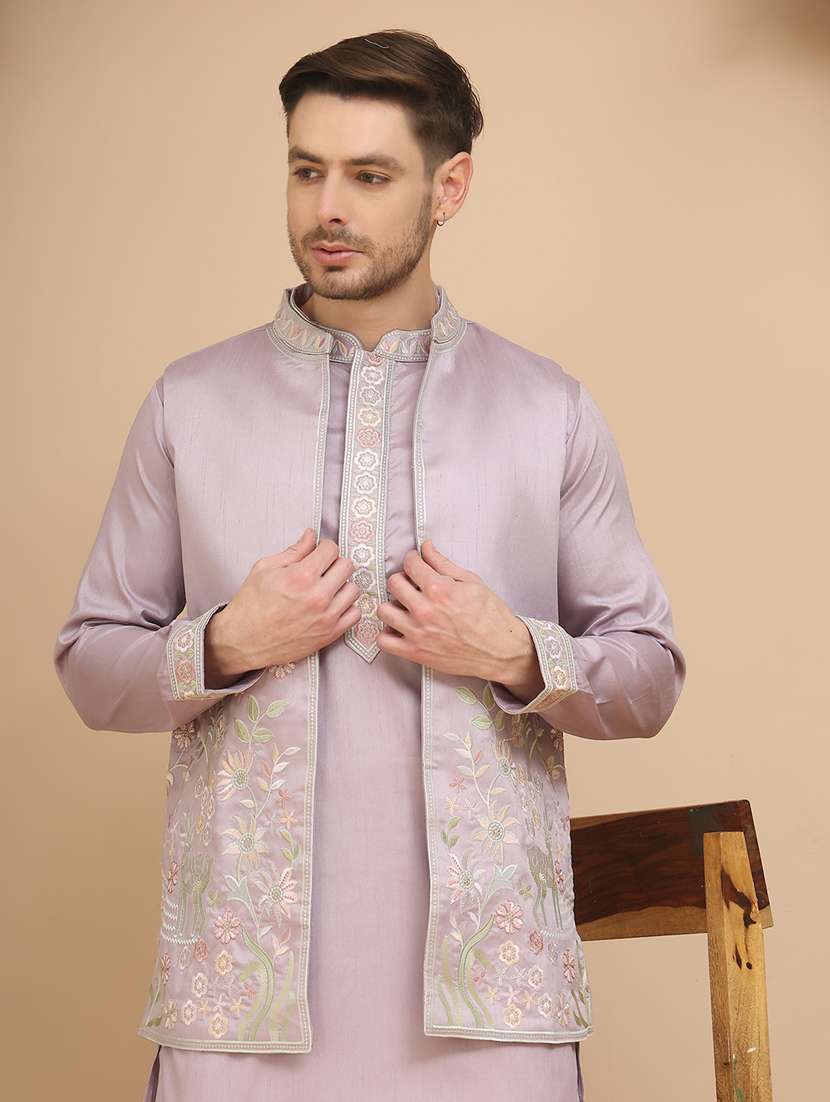 purple cotton blend kurta pyjama with jacket ethnic wear set - 21948921 -  Standard Image - 3