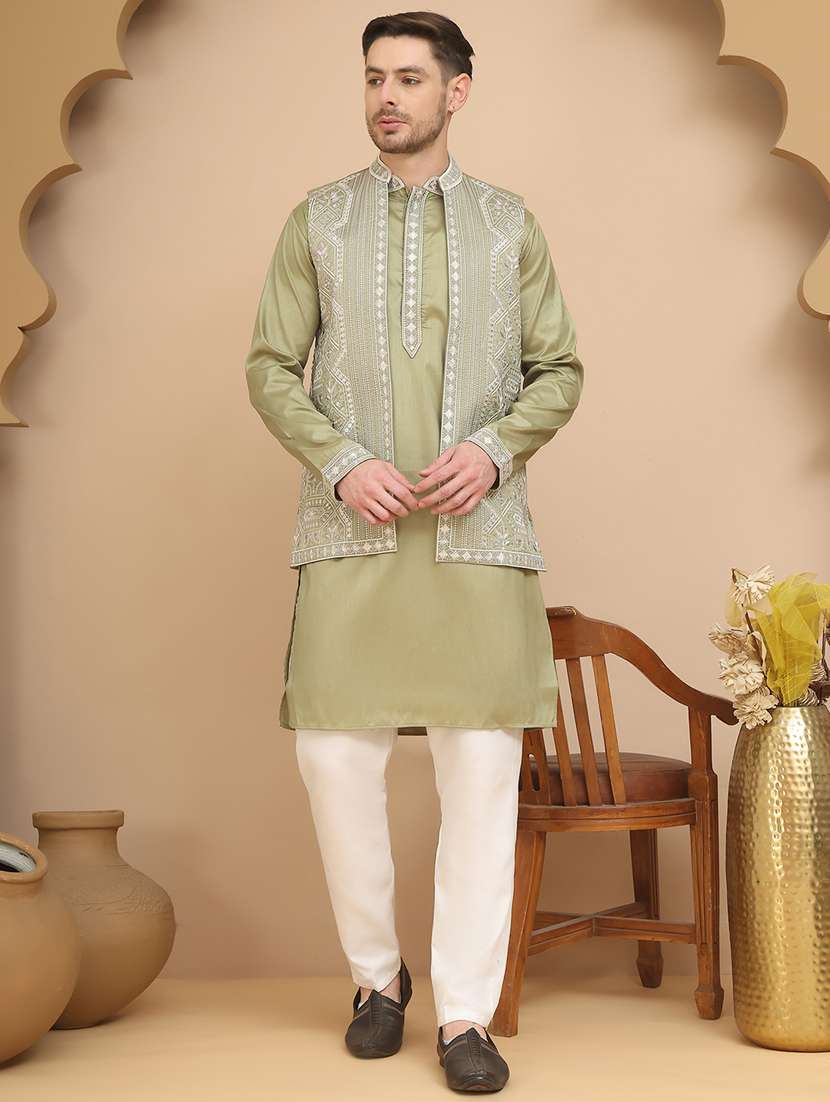pista green cotton blend kurta pyjama with jacket ethnic wear set - 21948922 -  Standard Image - 3