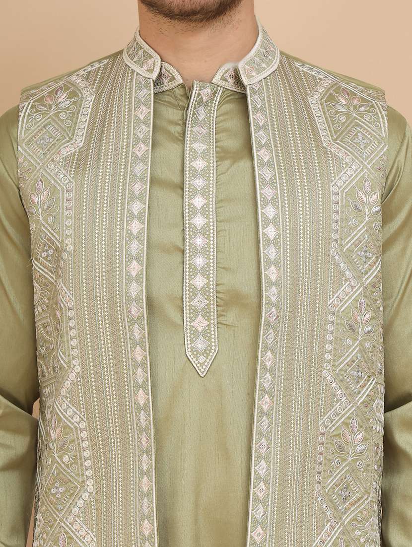 pista green cotton blend kurta pyjama with jacket ethnic wear set - 21948922 -  Standard Image - 5