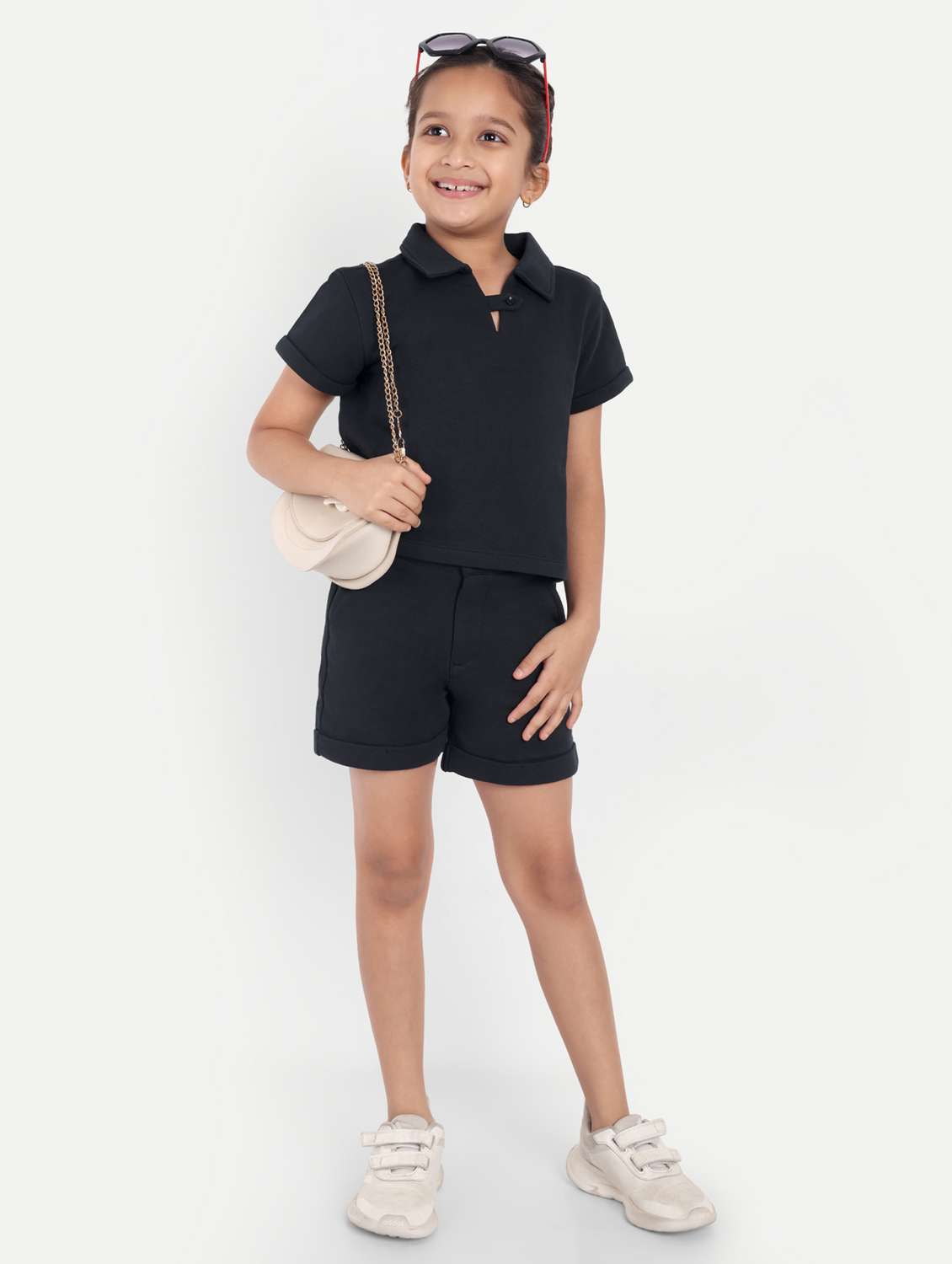 girls black solid shorts & top co-ords set - 21949153 -  Zoom Image - 0