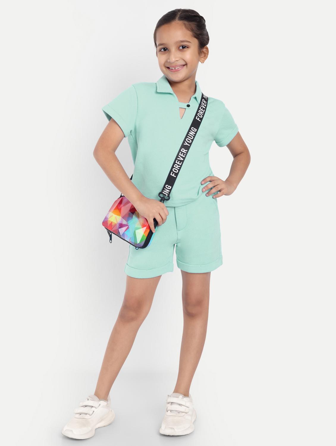 girls sea green solid shorts & top co-ords set