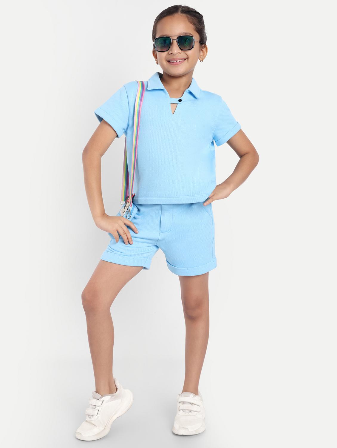 girls light blue solid shorts & top co-ords set