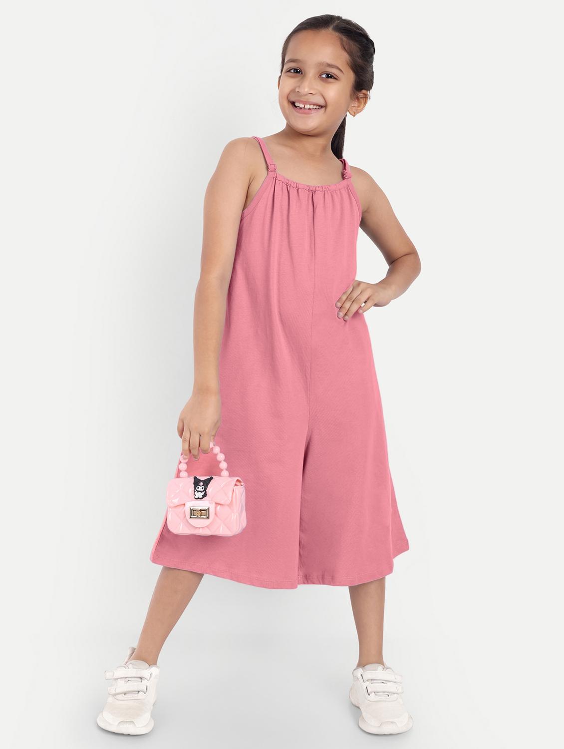 girls pink solid sleeveless jump suit