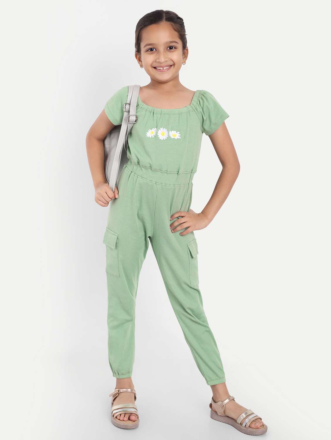 girls neo mint floral embroidered full length jumpsuit 