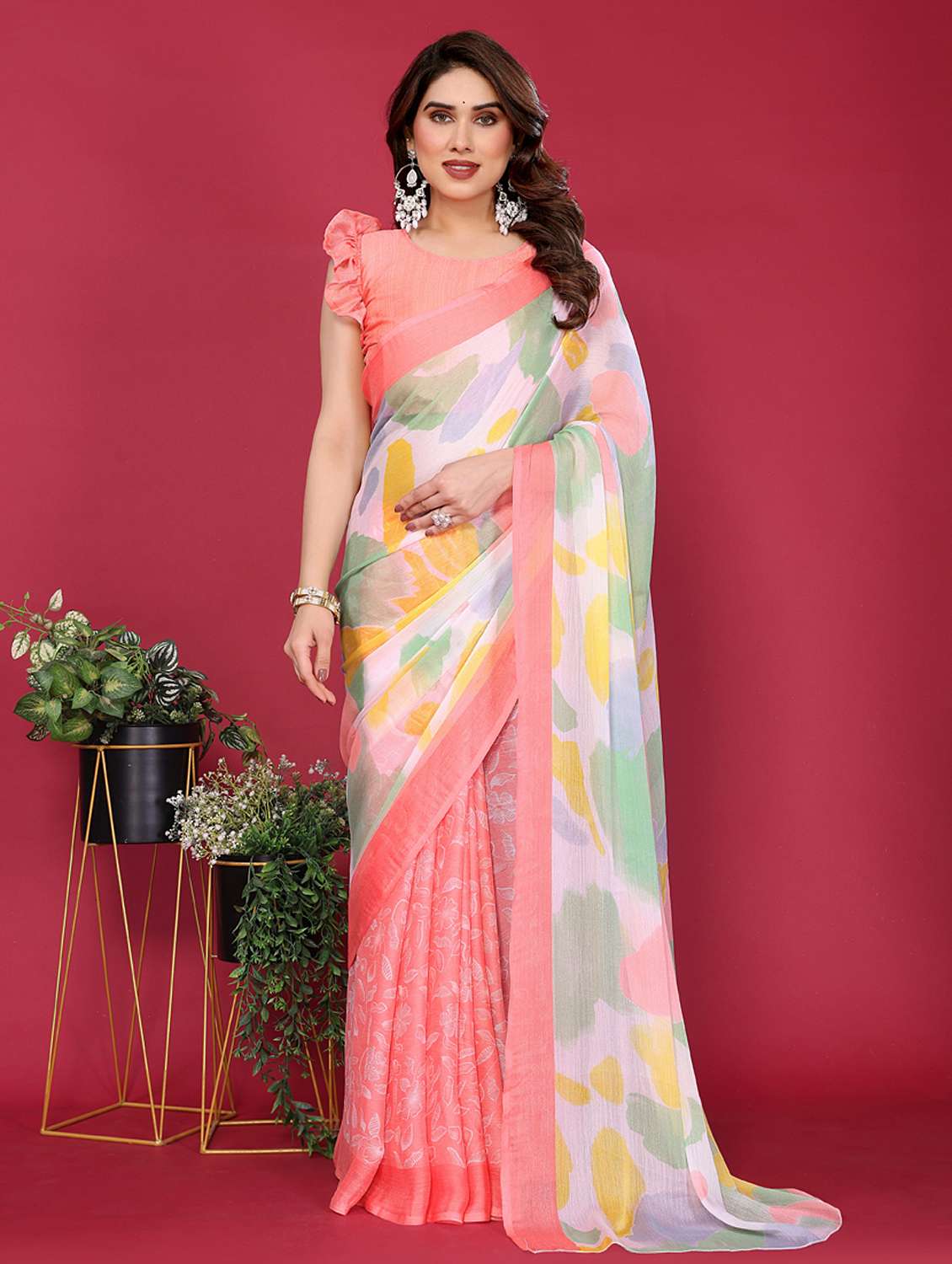 women printed half & half saree with blouse