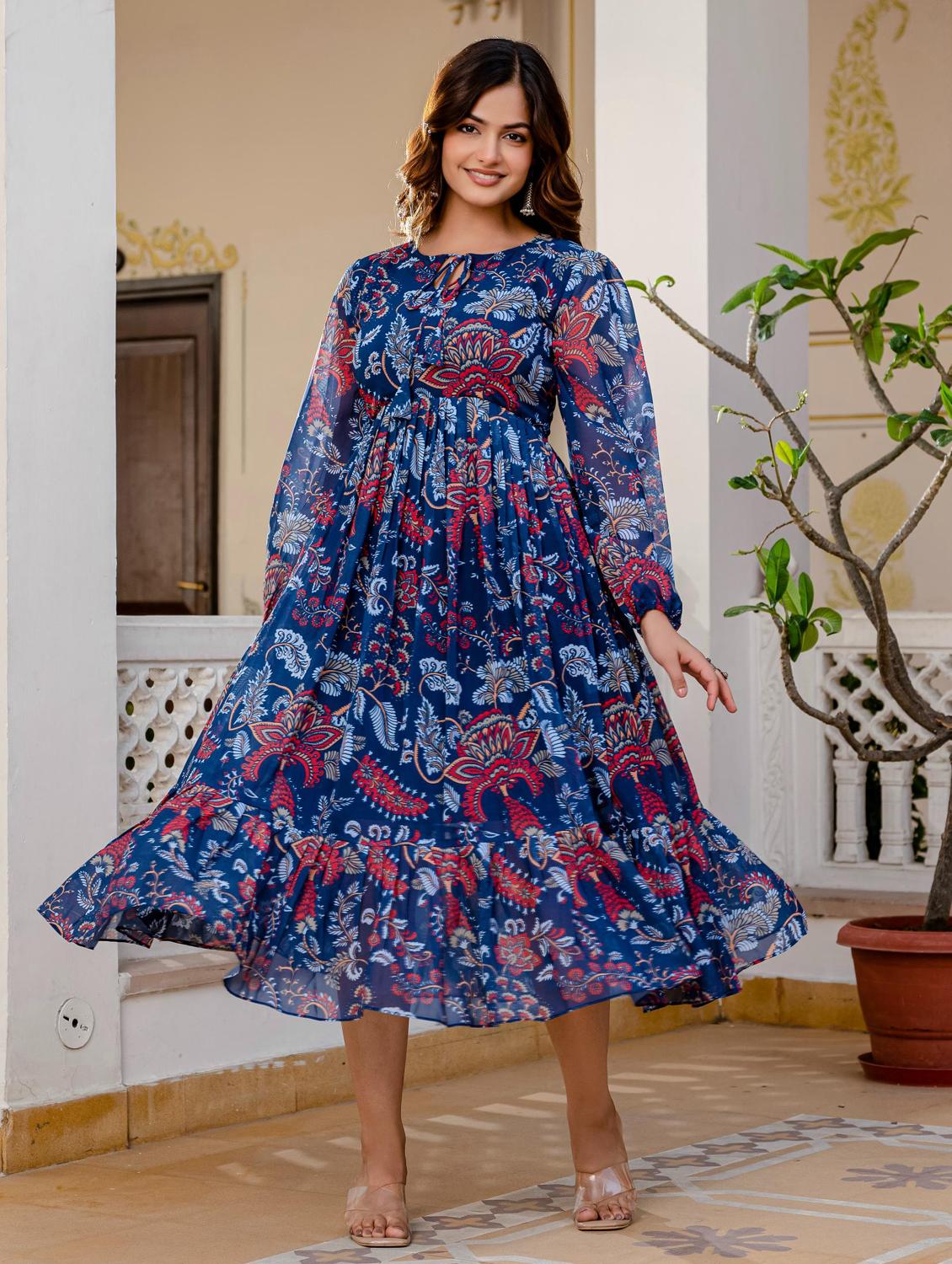 women blue printed long sleeve tiered dress - 21949585 -  Zoom Image - 0