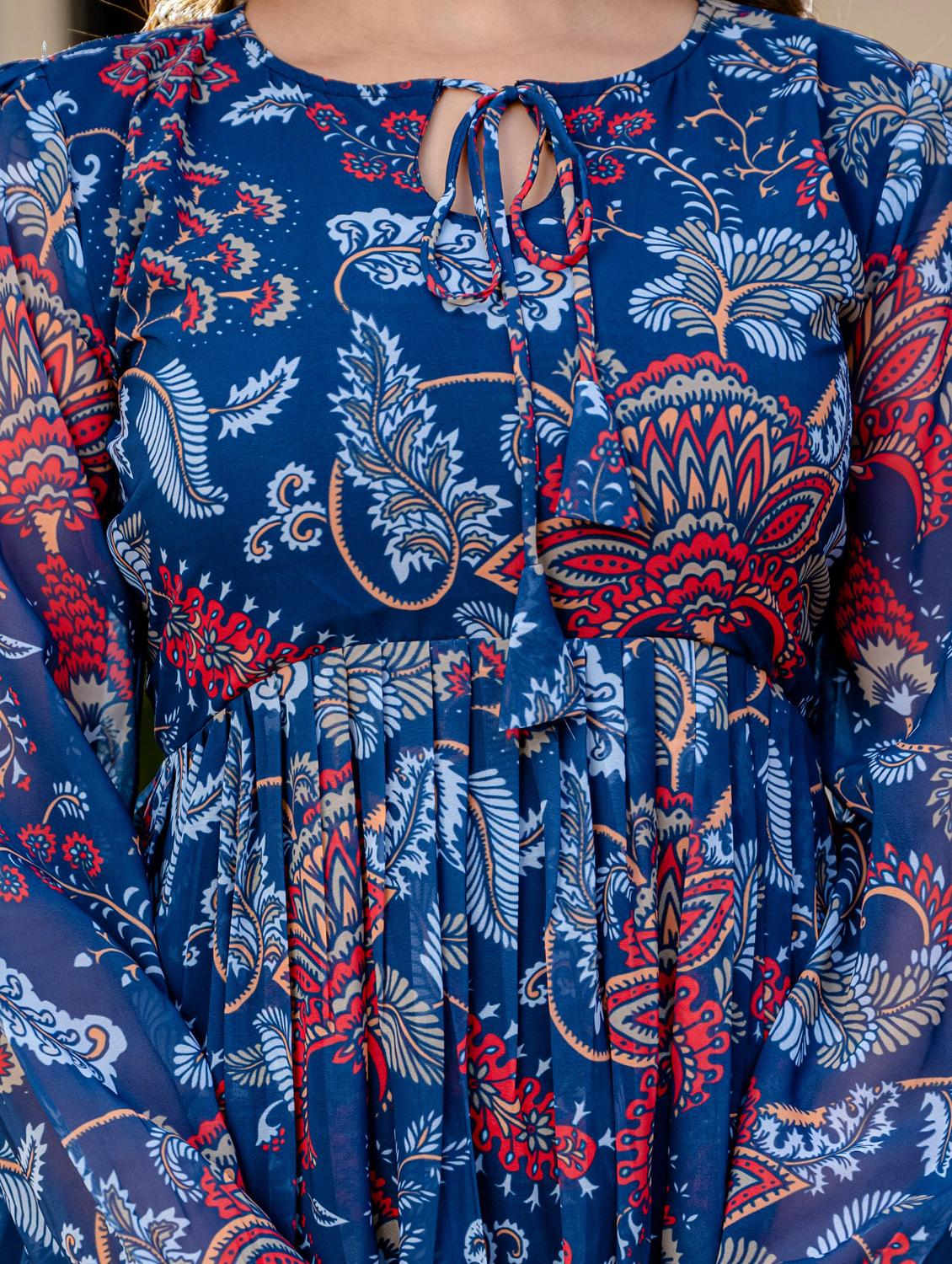 women blue printed long sleeve tiered dress - 21949585 - Standard Image - 5