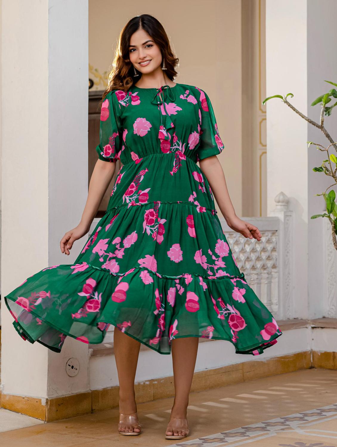 women floral printed tie-up neck tiered dress - 21949586 -  Zoom Image - 0