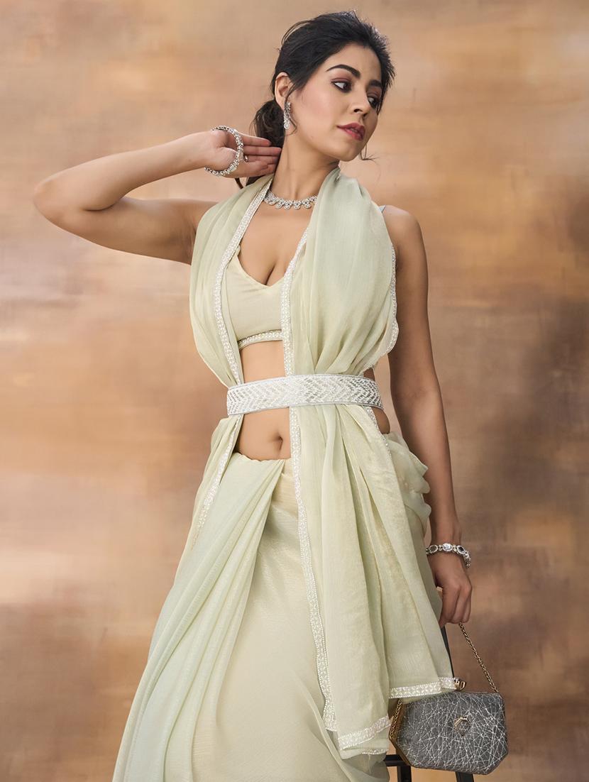 women solid plain saree with blouse - 21949590 - Standard Image - 3