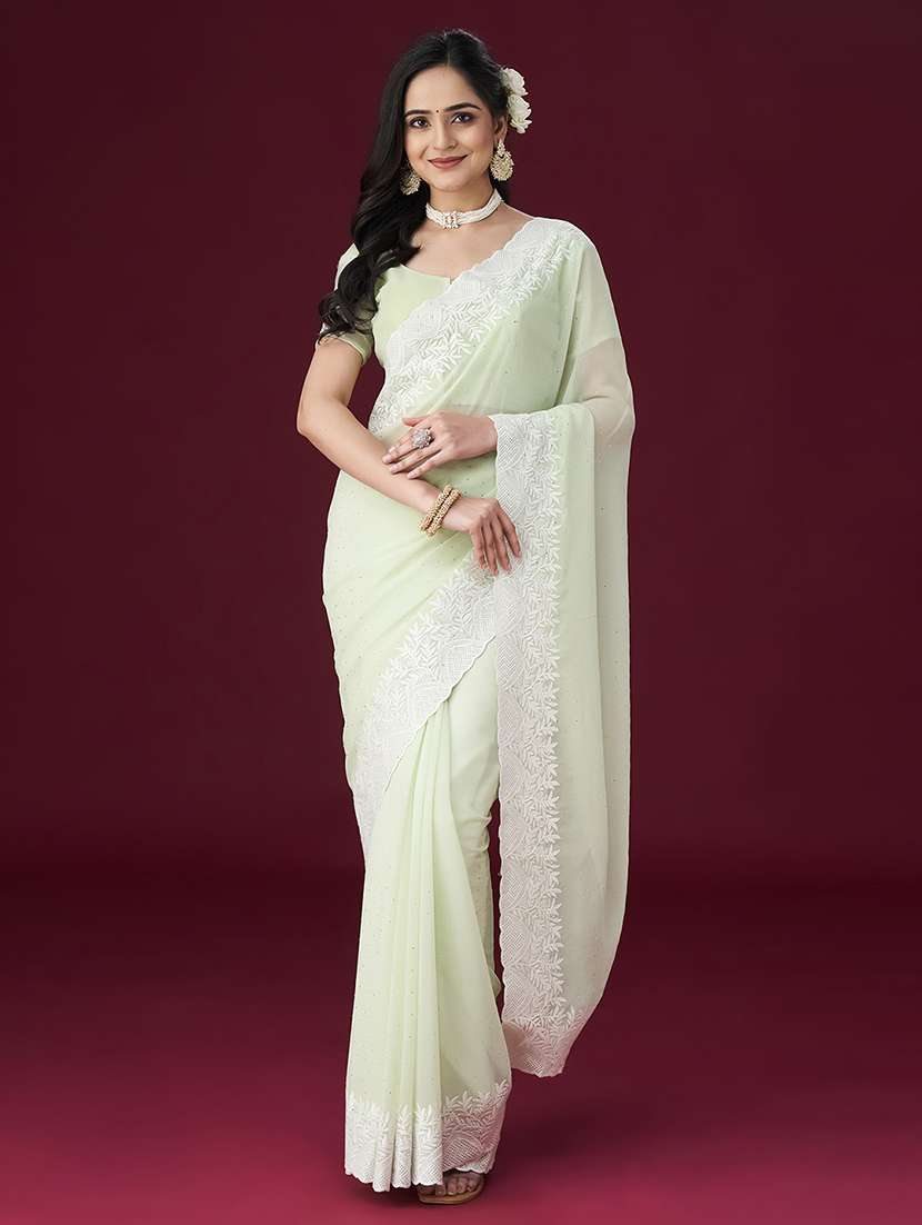 women solid with work embroidered saree with blouse - 21949601 -  Zoom Image - 0