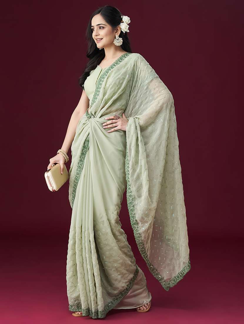 women solid with work embroidered saree with blouse - 21949602 -  Standard Image - 3