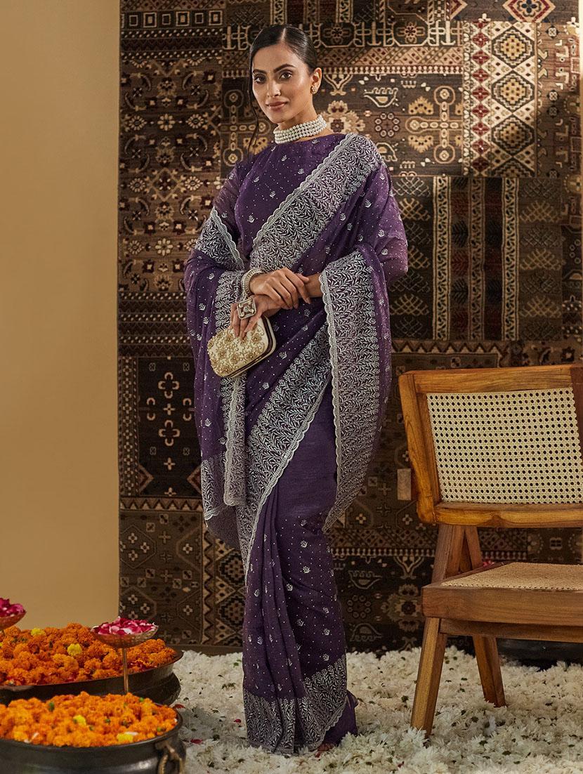 women solid with work embroidered saree with blouse - 21949612 - Zoom Image - 0