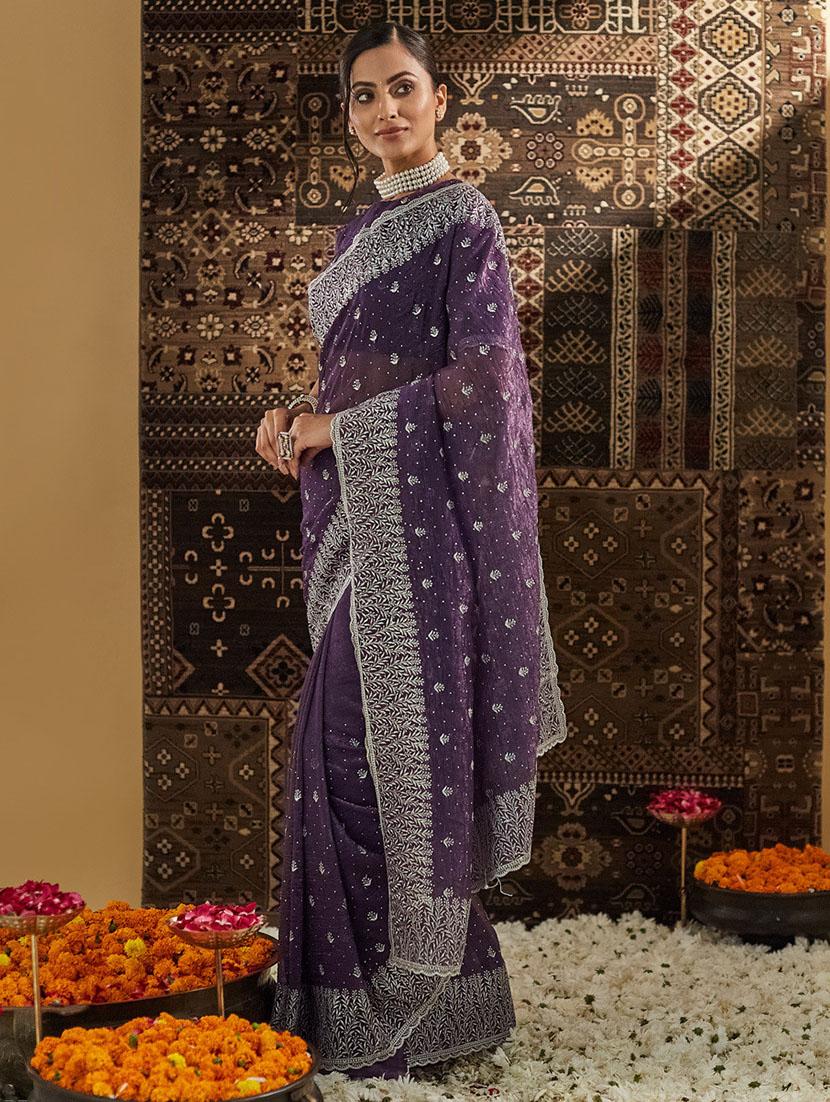 women solid with work embroidered saree with blouse - 21949612 - Standard Image - 3