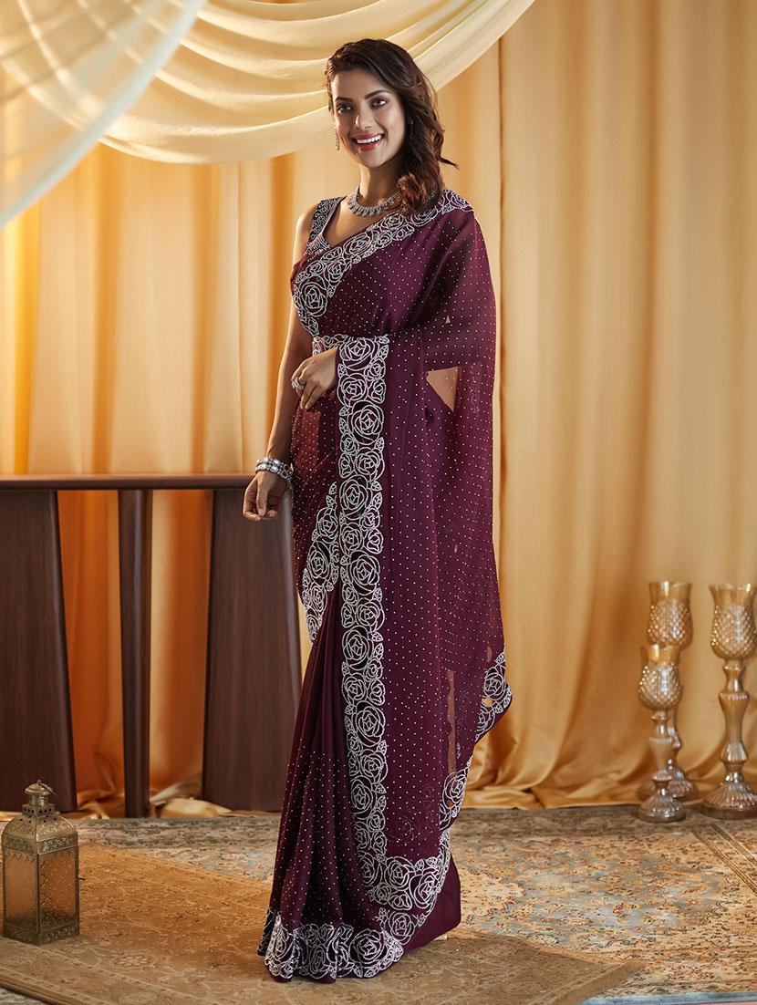 women solid with work embellished saree with blouse - 21949624 - Standard Image - 3