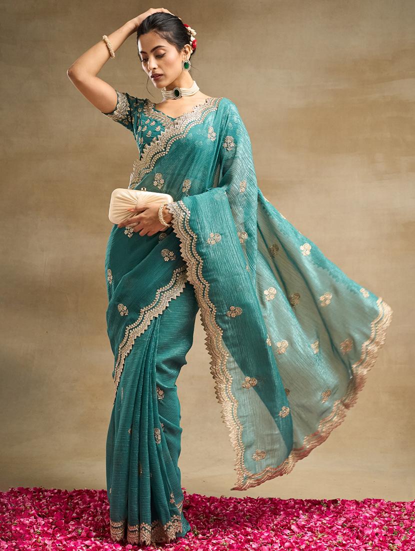 women solid with work embroidered saree with blouse - 21949628 - Standard Image - 3