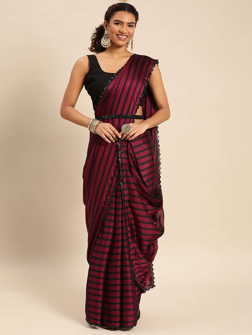 women striped embellished bordered saree with blouse - 21949629 - Zoom Image - 0