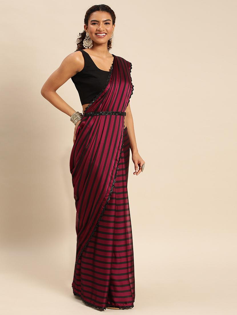 women striped embellished bordered saree with blouse - 21949629 - Standard Image - 3