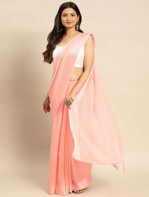 women striped embellished bordered saree with blouse - 21949630 -  Standard Image - 0