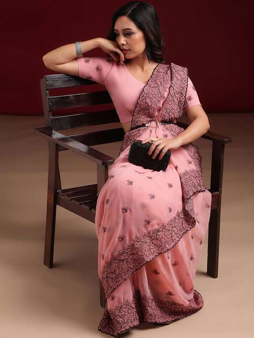 women solid with work embroidered saree with blouse - 21949638 -  Standard Image - 0