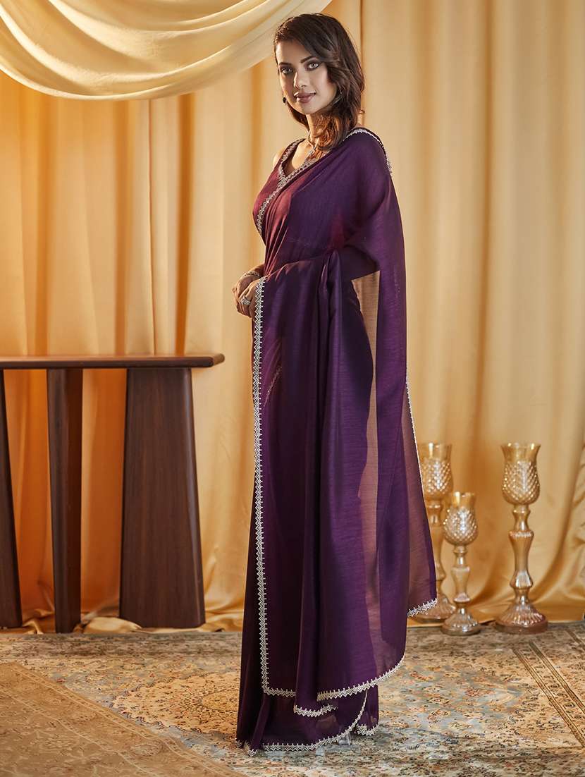 women solid embellished bordered saree with blouse - 21949645 -  Standard Image - 3