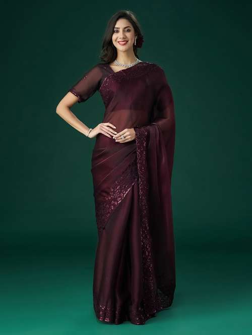 women solid with bordered saree with blouse - 21949656 - Standard Image - 0