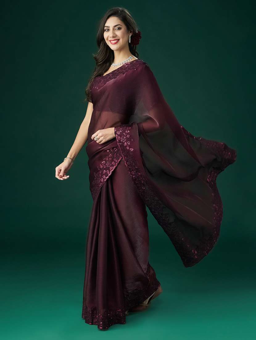 women solid with bordered saree with blouse - 21949656 - Standard Image - 3