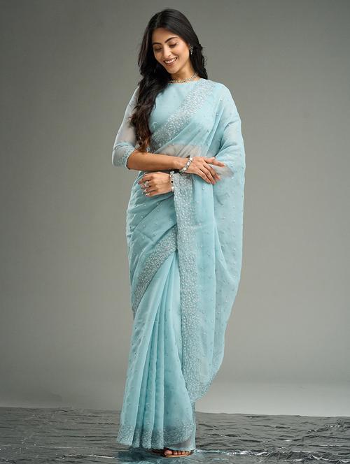women solid with work embroidered saree with blouse - 21949658 - Standard Image - 0