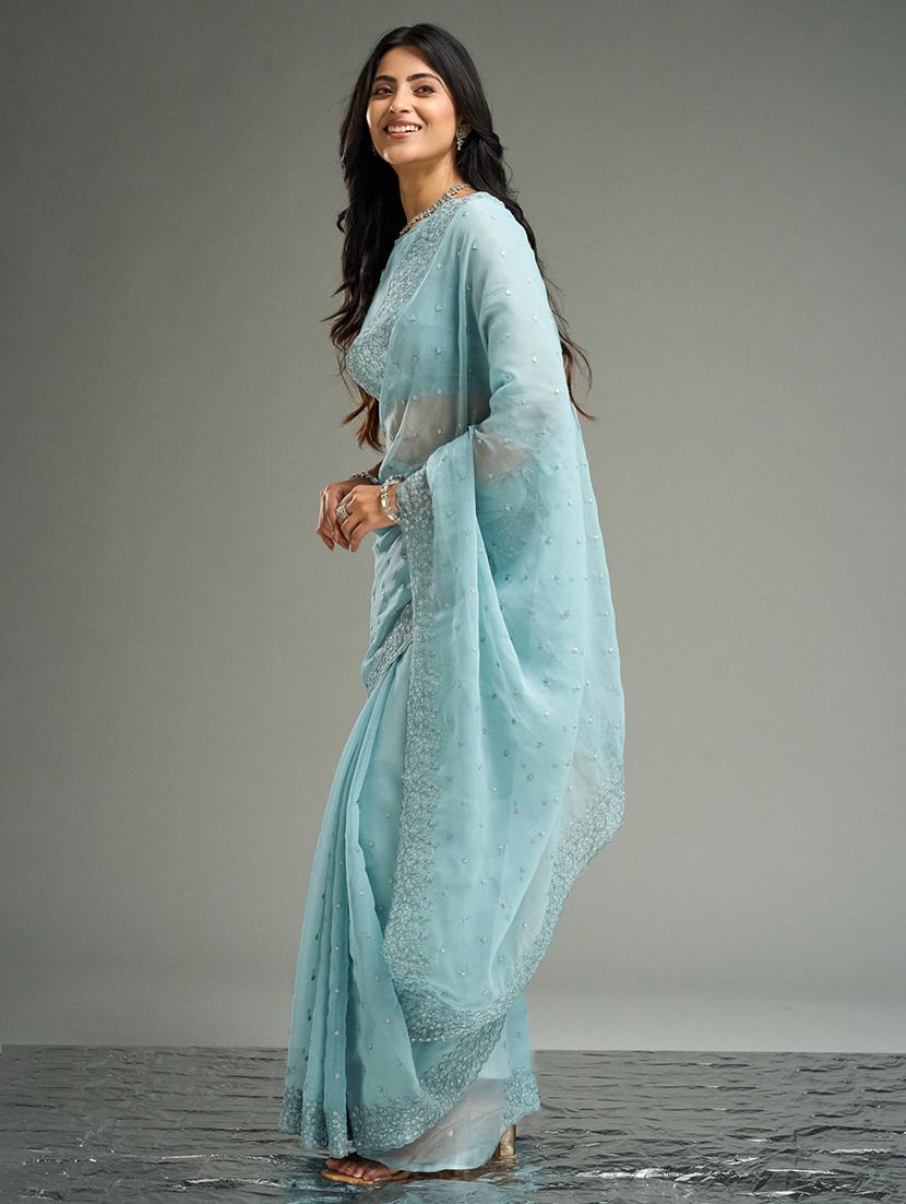 women solid with work embroidered saree with blouse - 21949658 - Standard Image - 3