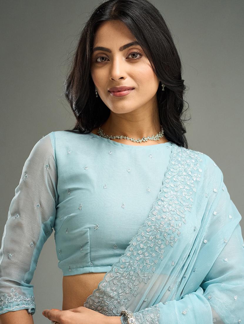 women solid with work embroidered saree with blouse - 21949658 - Standard Image - 5